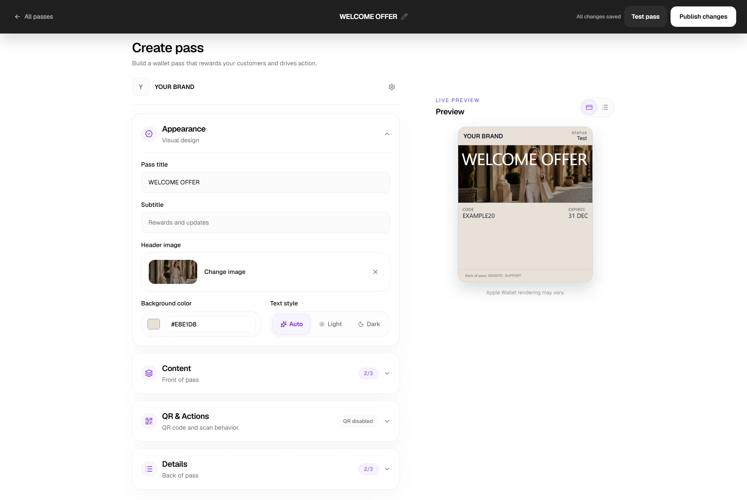 Pass builder with live Wallet preview